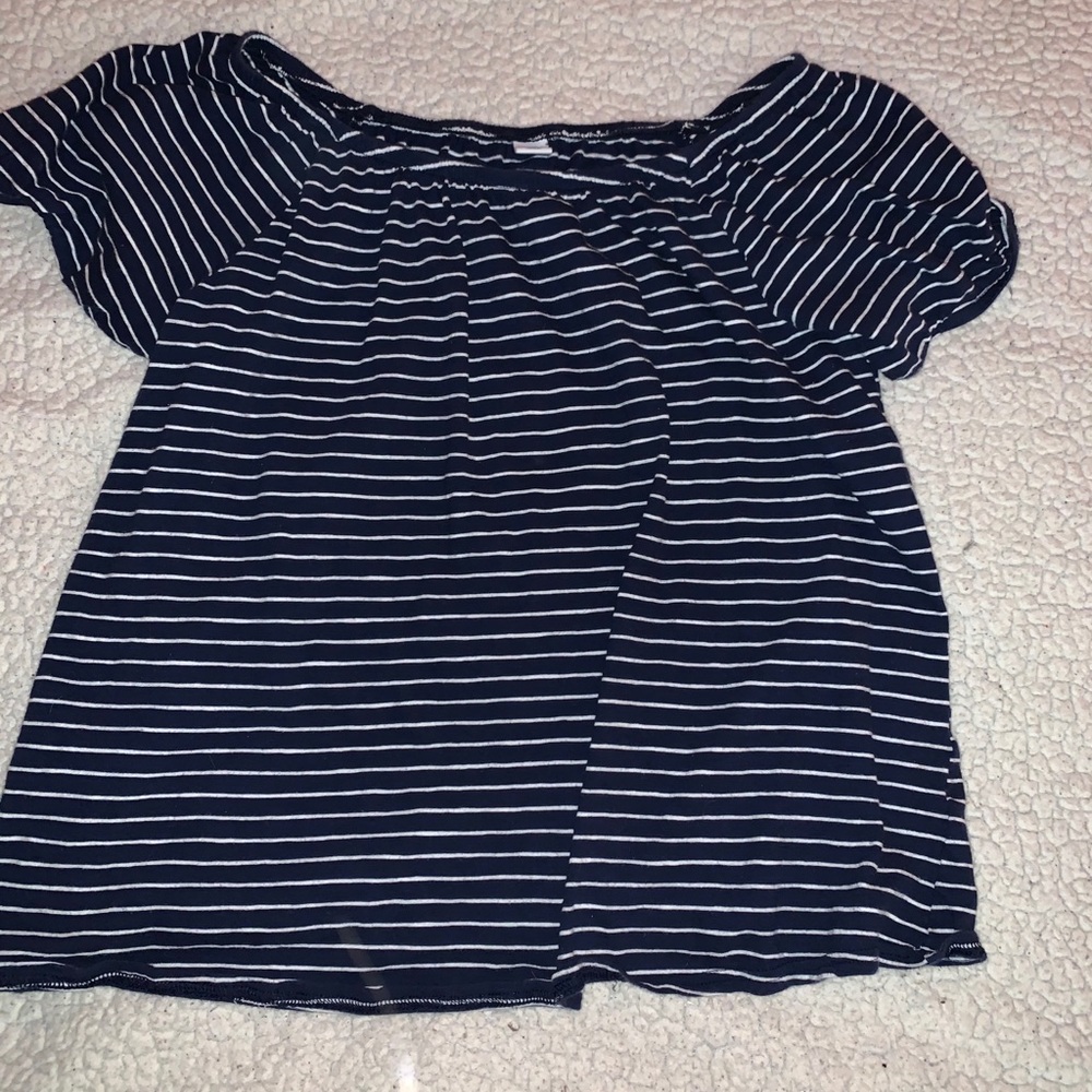 blue and white striped off the shoulder tee